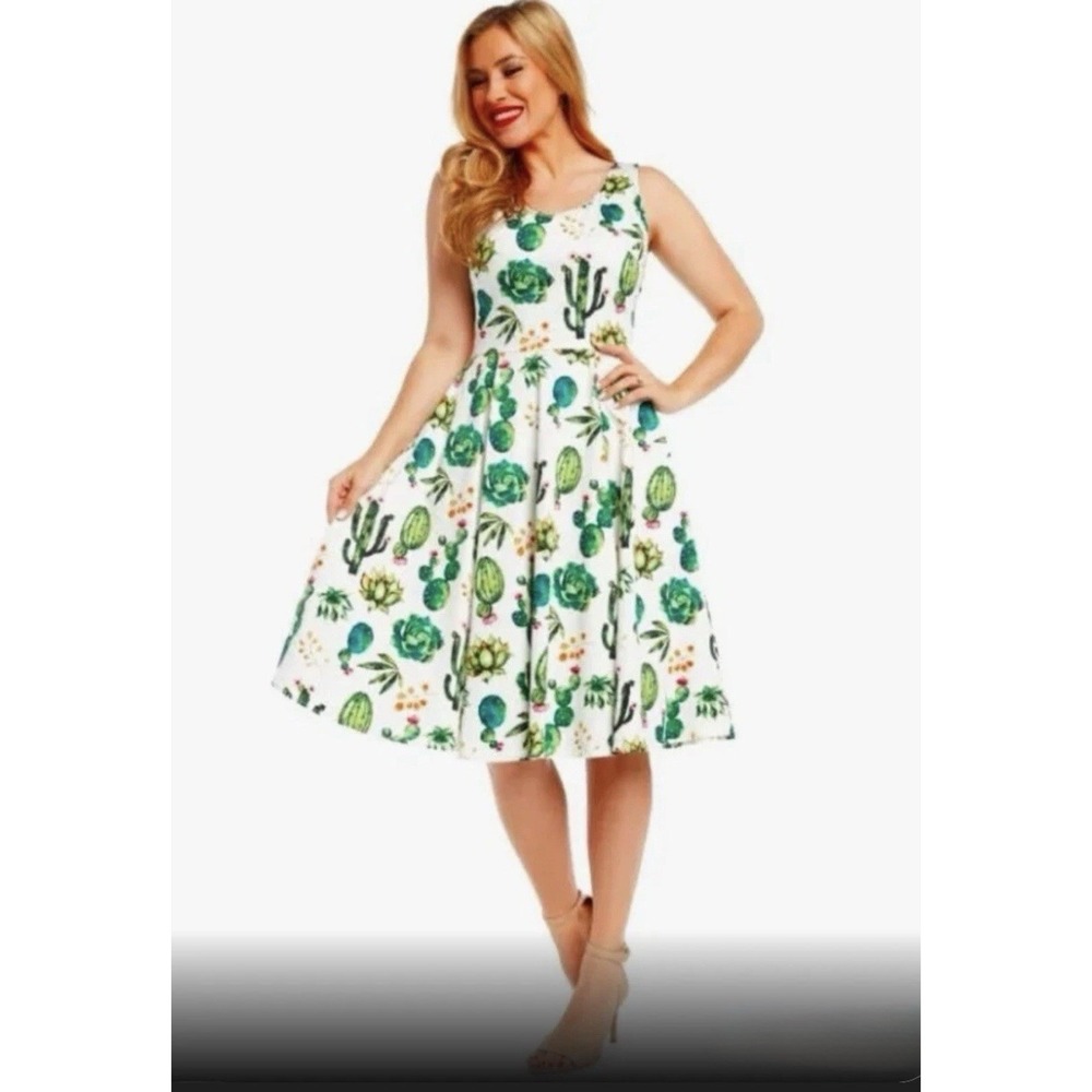 Eva Rose Cactus Succulent Print Fit Flare Dress USA Cotton Large Retro Pockets